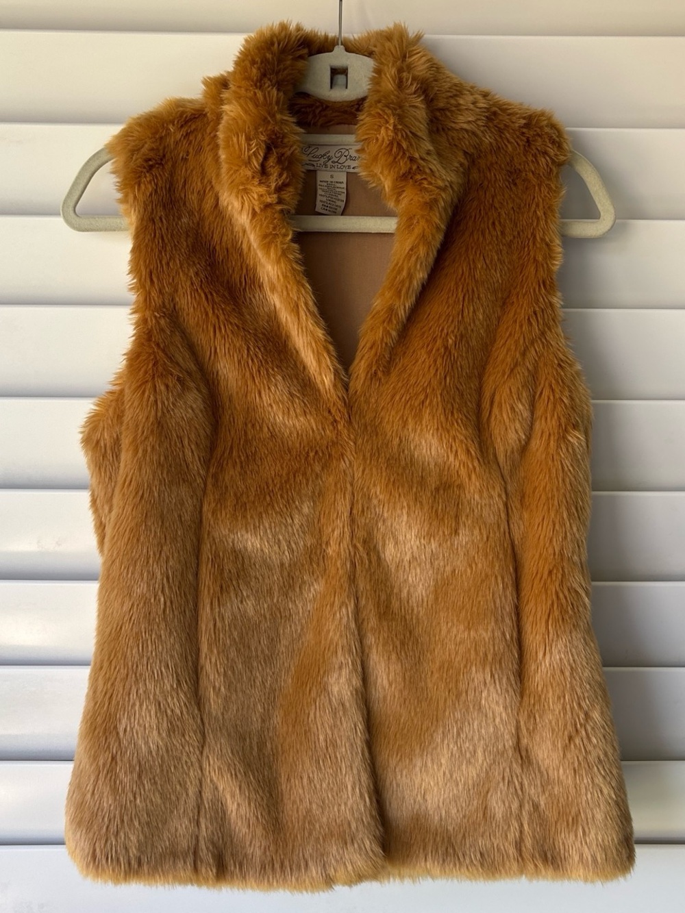 Vintage 90s Y2K Lucky Brand Camel Brown Boho Chic Mob Wife Faux Fur Vest Size S